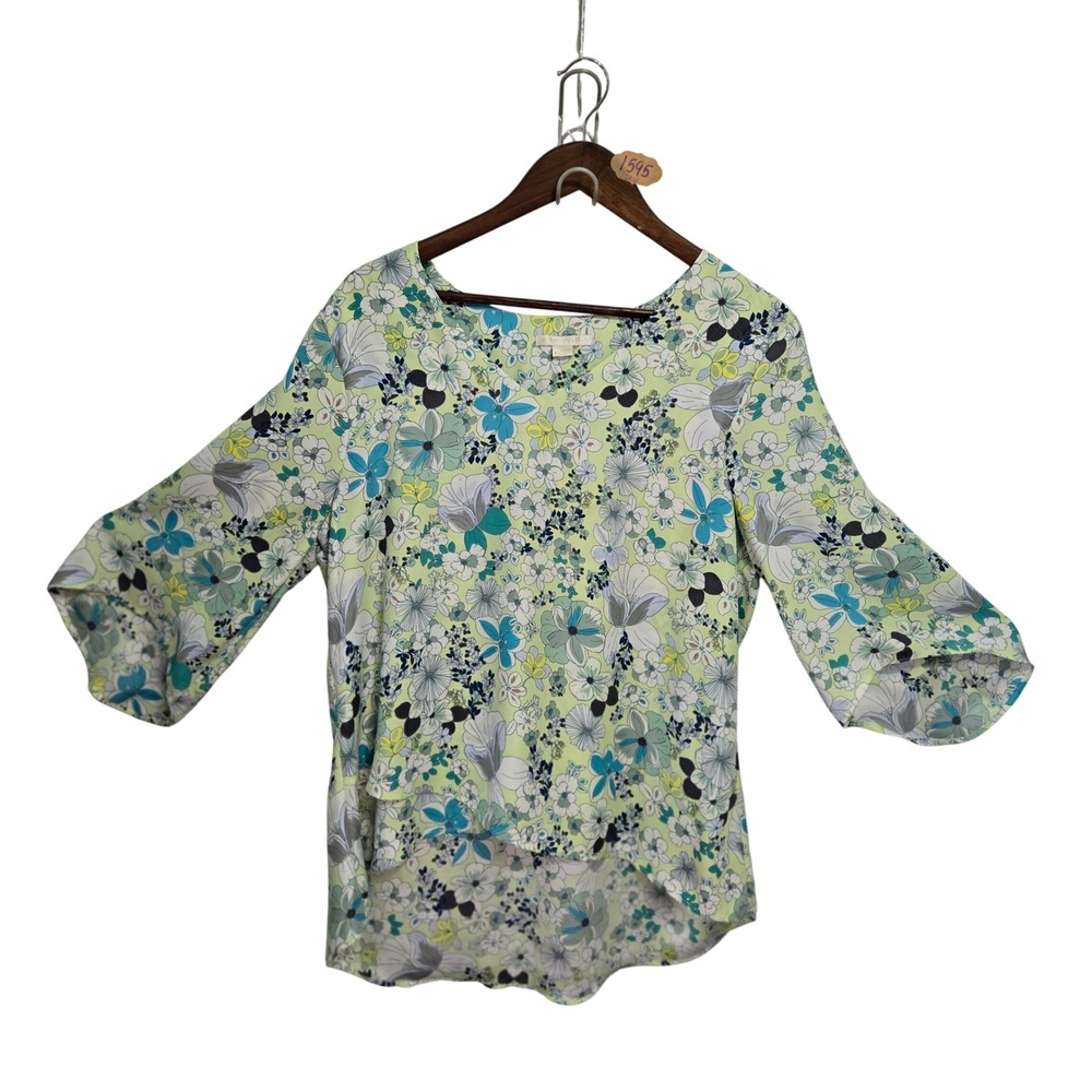 Cooper & Ella Floral High Low Blouse Green Blue 3/4 Sleeve Top Size L